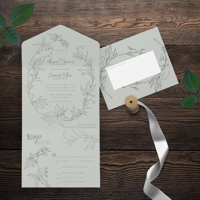 Minimalist Hand-drawn Vines Sage Green Grey All In One Invitation (Creator Uploaded)