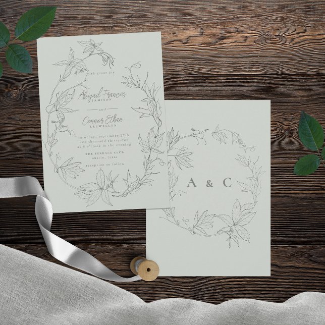 Minimalist Hand-drawn Vines Sage Green Grey Invitation (Creator Uploaded)