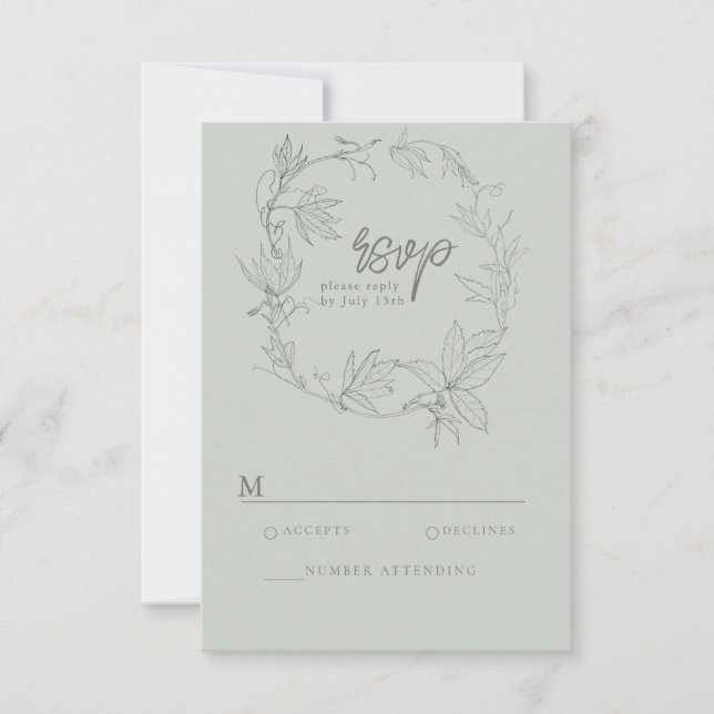 Minimalist Hand-drawn Vines Sage Green Grey RSVP C (Front)