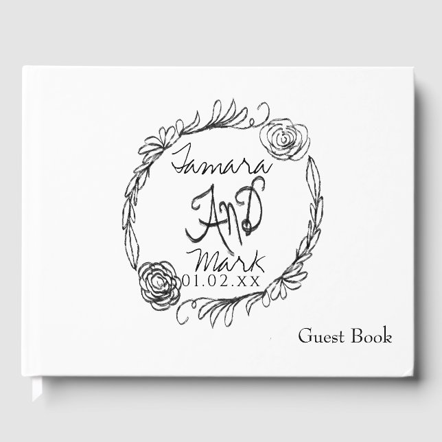 Minimalist Hand Drawn Wreath Wedding Simple Script Guest Book (Front)