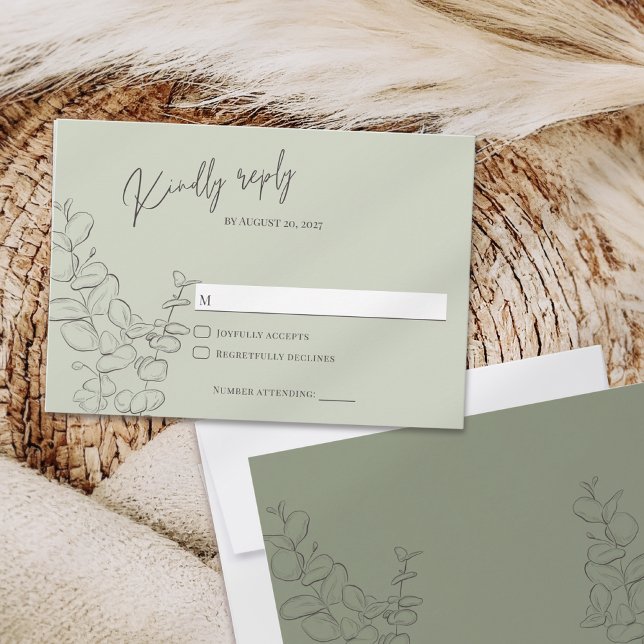 Minimalist handdrawn eucalyptus leaves green RSVP card (Creator Uploaded)