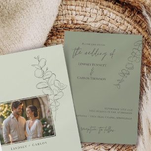 Minimalist handdrawn eucalyptus leaves photo invitation
