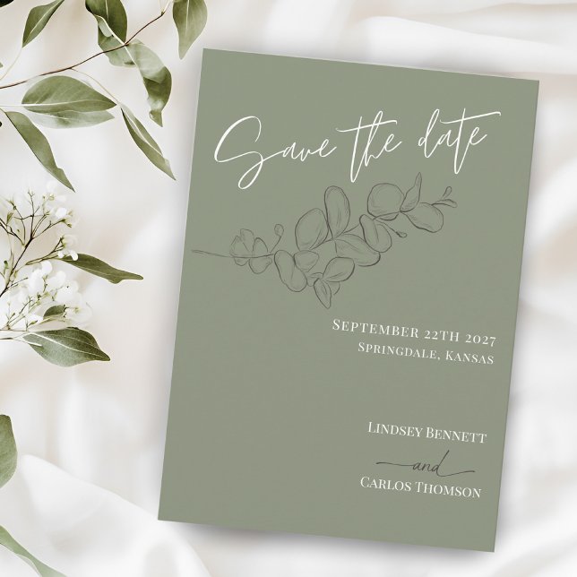 Minimalist handdrawn leaves green script wedding save the date (Creator Uploaded)