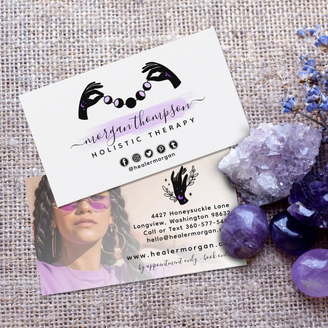 Minimalist Hands & Moon Phase Reiki Personal Photo Business Card (Creator Uploaded)