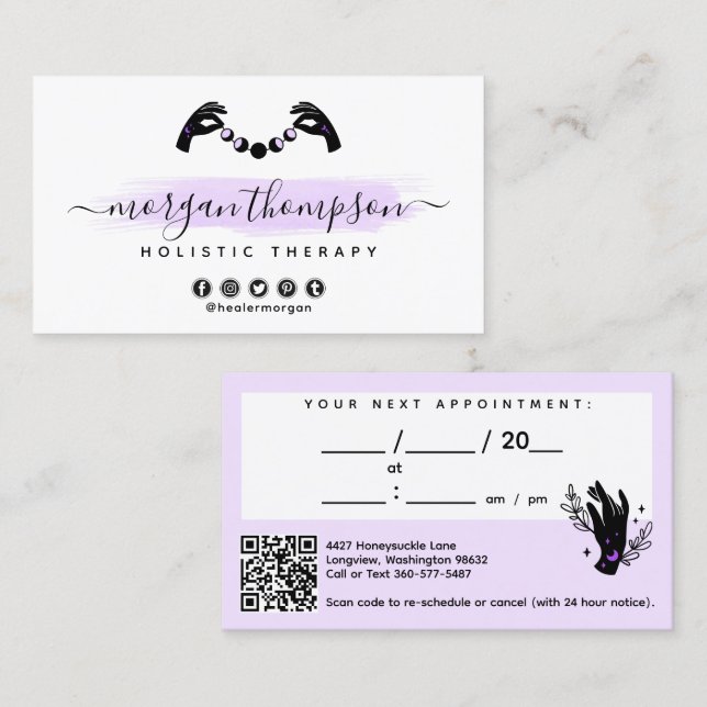 Minimalist Hands & Moon Phases Reiki Appointment Business Card (Front/Back)