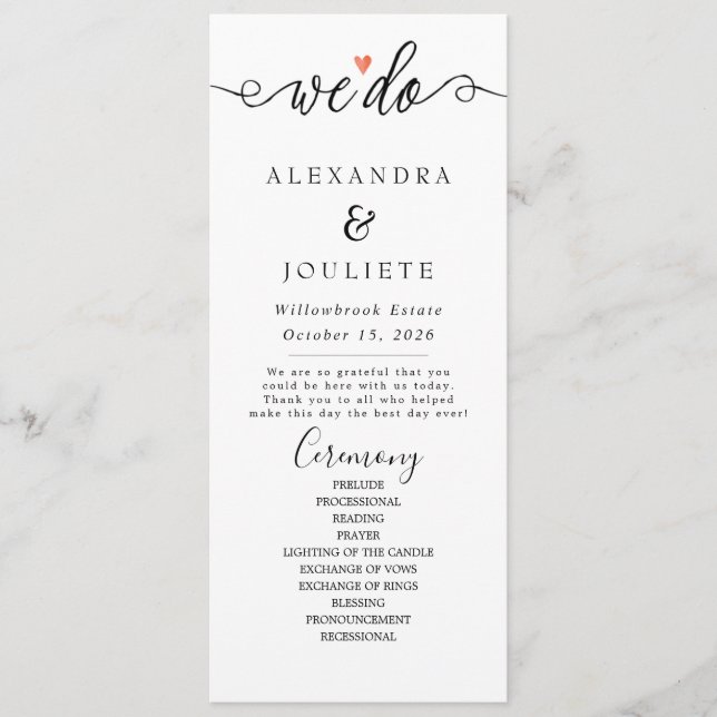 Minimalist Handwriting Simple Modern Wedding Progr Program (Front)