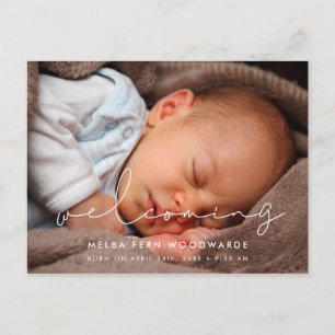 Minimalist handwritten Birth welcoming photo Postcard