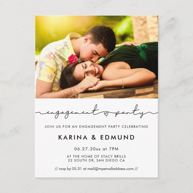 Minimalist handwritten engagement party invitation postcard (Front)