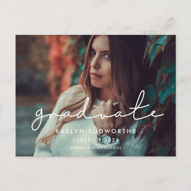Minimalist handwritten graduate photo announcement postcard (Front)