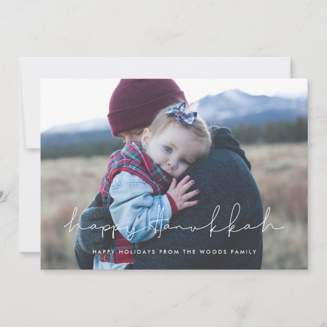Minimalist handwritten Happy Hanukkah photo Holiday Card (Front)