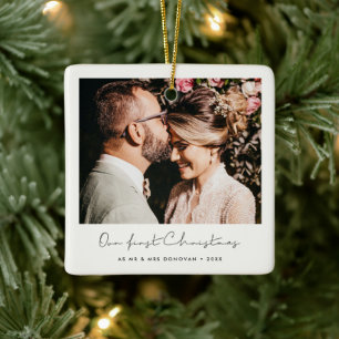 Minimalist handwritten Our First Christmas photo Ceramic Ornament