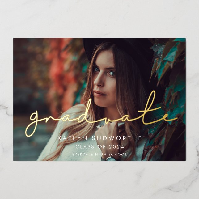 Minimalist handwritten Photo Graduation Party Gold (Front)