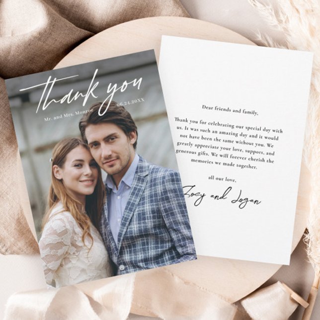 Minimalist Handwritten Photo Wedding Thank You Card (Simple handwritten wedding photo thank you cards.)