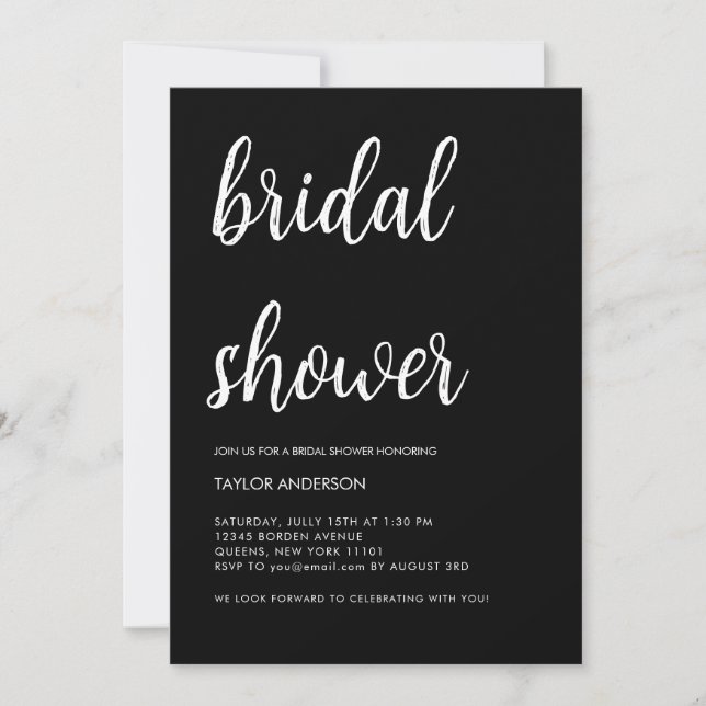 Minimalist Handwritten Script Black Bridal Shower Invitation (Front)