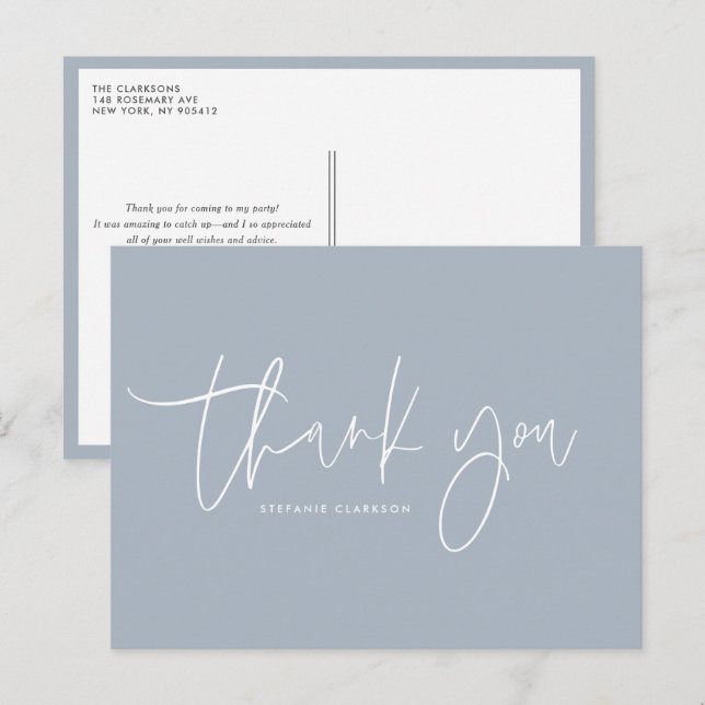 Minimalist Handwritten Script Dusty Blue Thank You Postcard (Front/Back)