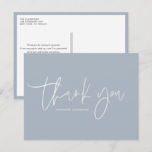 Minimalist Handwritten Script Dusty Blue Thank You Postcard