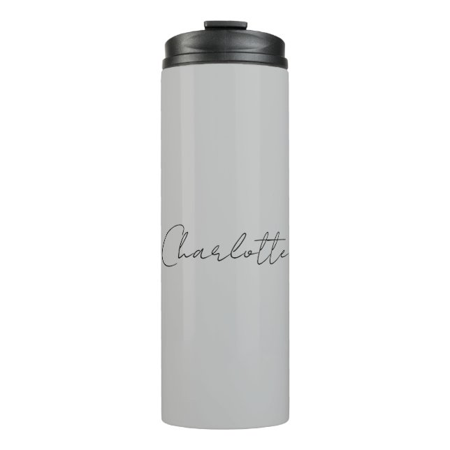 Minimalist Handwritten Script Name Grey Thermal Tumbler (Front)
