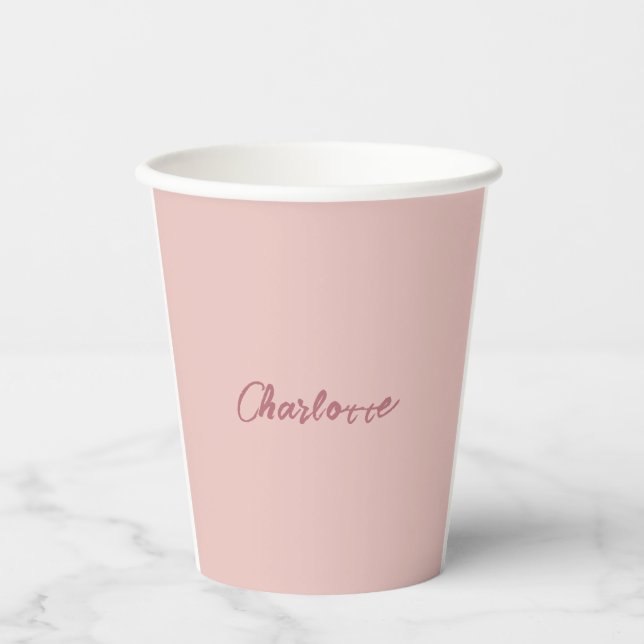Minimalist Handwritten Script Name Rose Gold Paper Cups (Front)