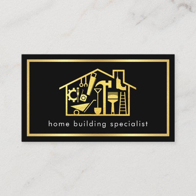 Minimalist Handyman Tools In Gold Frame Business Card (Front)