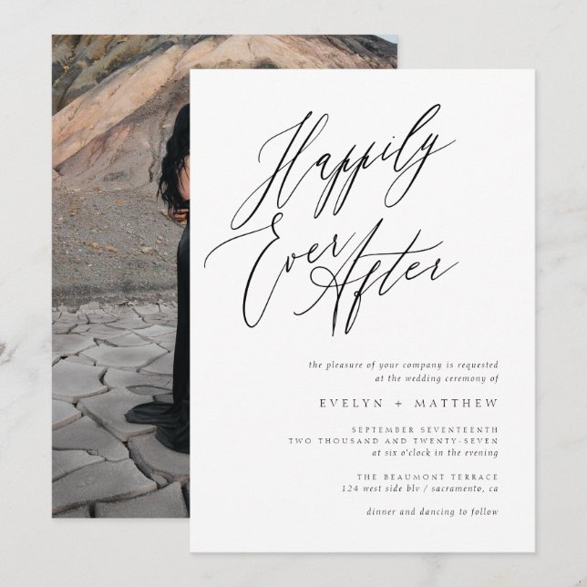 Minimalist Happily Ever After Script Photo Wedding Invitation (Front/Back)