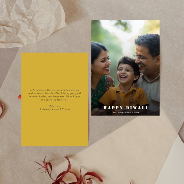 Minimalist Happy Diwali Deep Gold Overlay Photo Holiday Card (Creator Uploaded)