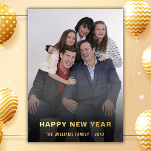 Minimalist Happy New Year Typography Family Photo Foil Holiday Card