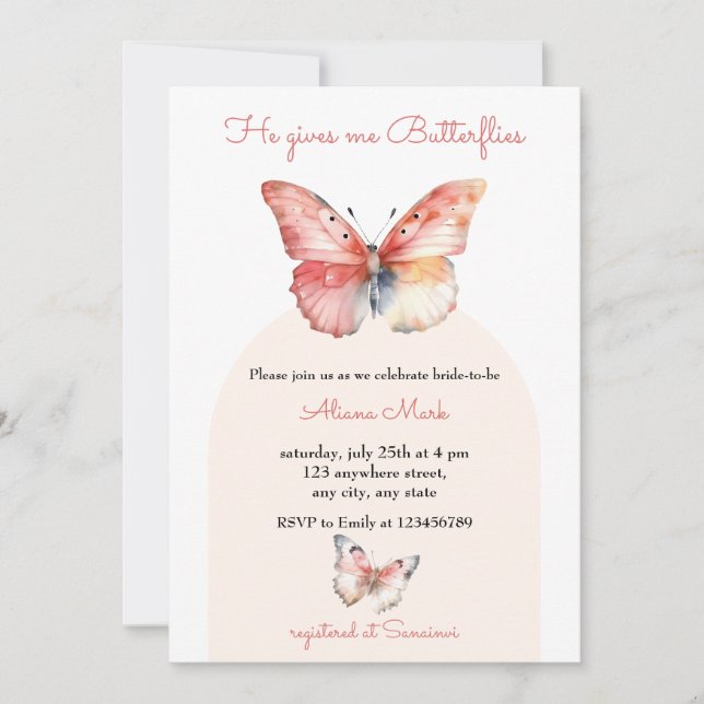 Minimalist He Gives Me Butterflies Bridal Shower  Invitation (Front)