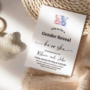 Minimalist He or She Pink Blue Bear Gender Reveal Invitation