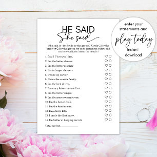 Minimalist He said She Said Bridal Shower Game  Invitation