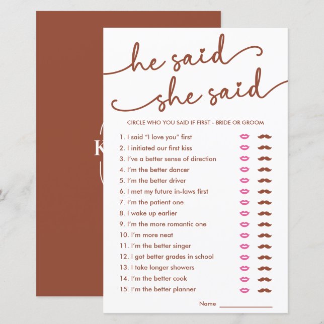 Minimalist He Said She Said Guess Who Said It Game (Front/Back)