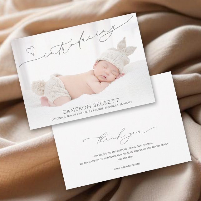 Minimalist Heart Baby Photo Birth  Announcement (Minimalist heart baby photo birth announcement with thank you on the back)