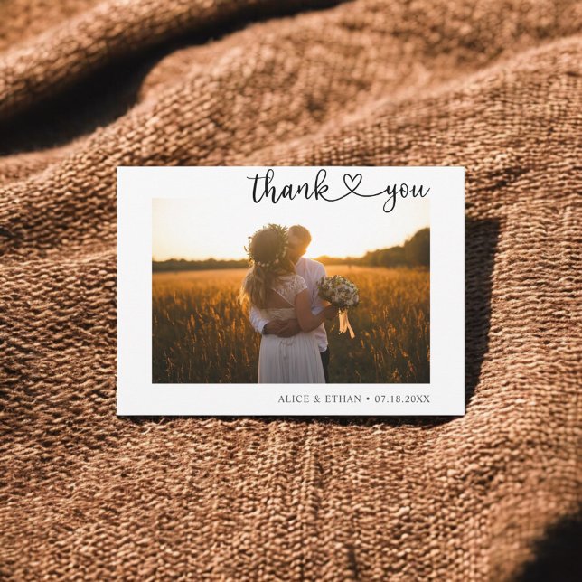 Minimalist Heart Calligraphy Photo Wedding Thank You Card (Creator Uploaded)