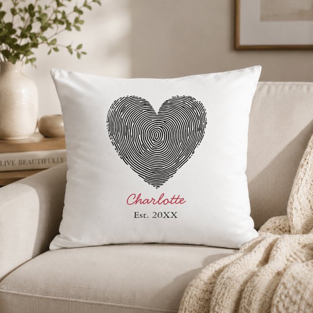 Minimalist Heart Fingerprint Personalized Name Throw Pillow (Creator Uploaded)