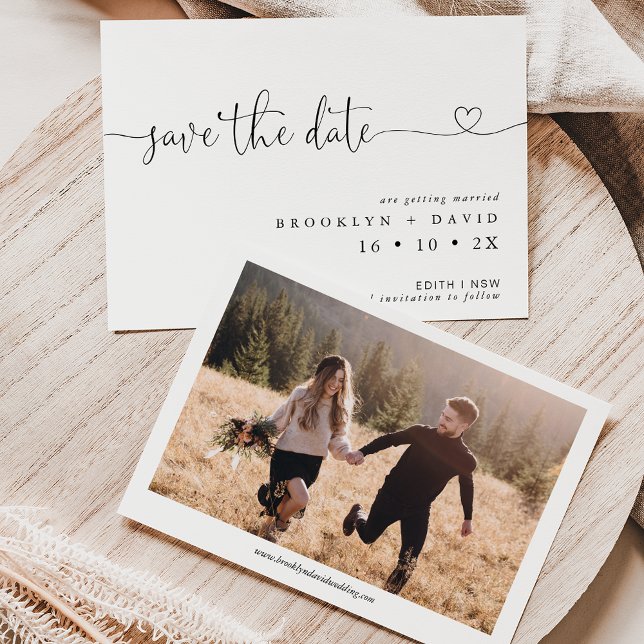 Minimalist Heart Font Wedding Save The Date Card (Minimalist heart calligraphy wedding save the date with the couples photo on the back.)