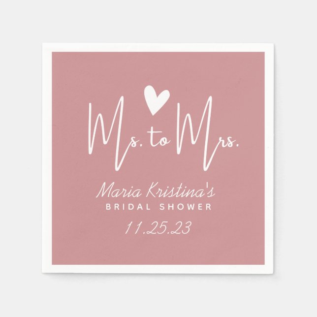Minimalist Heart Ms to Mrs Bridal Shower Puce Pink Napkin (Front)