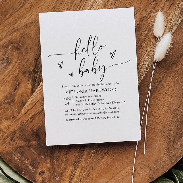 Minimalist Heart Script Hello Baby Shower Invitation (Creator Uploaded)