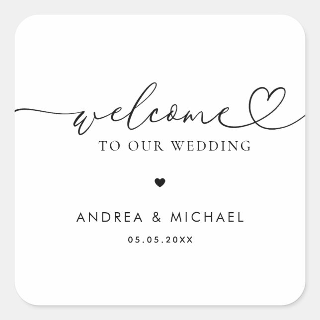 Minimalist Heart Script Romantic Wedding Welcome Square Sticker (Front)