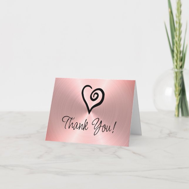 Minimalist Heart Spiral on Faux Metallic Rose Gold Thank You Card (Front)
