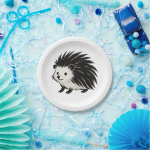 Minimalist Hedgehog – Black Ink Animal Design on Paper Plate