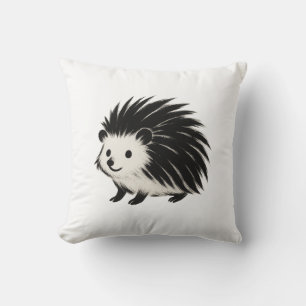 Minimalist Hedgehog – Black Ink Animal Design on Throw Pillow