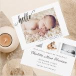 Minimalist Hello Baby Birth Announcement Card<br><div class="desc">Welcome your little one with style and simplicity using this Minimalist Hello Baby Birth Announcement Card. Featuring a full photo layout with elegant black script that says "hello" and modern serif font for baby’s name and birth date,  this card is perfect for introducing your newborn to friends and family.</div>