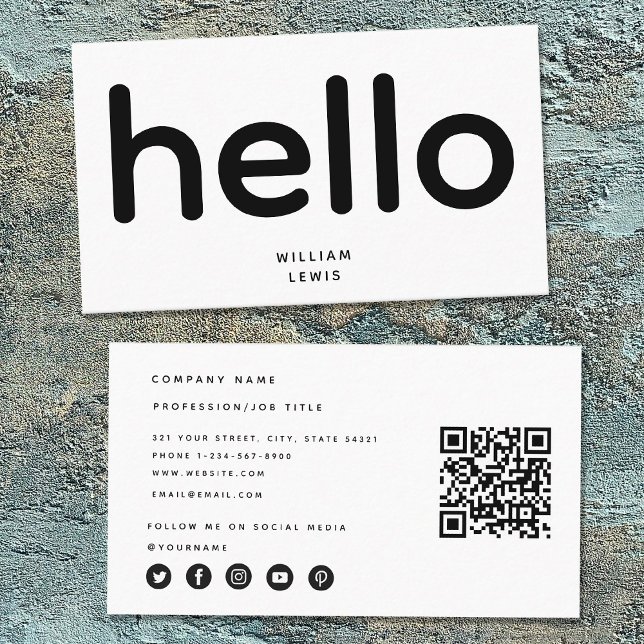 Minimalist Hello QR Code Social Media Icons Business Card (Creator Uploaded)