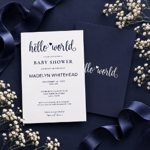 Minimalist Hello World Baby Shower Navy Blue Invitation