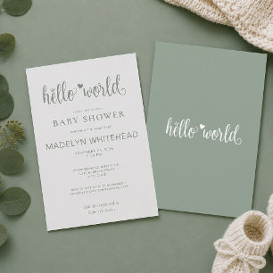 Minimalist Hello World Baby Shower Sage Green Invitation