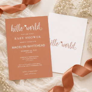 Minimalist Hello World Baby Shower Terracotta Invitation