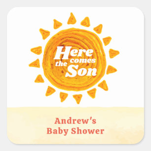 Minimalist Here Come The Son Boho Baby Shower Square Sticker