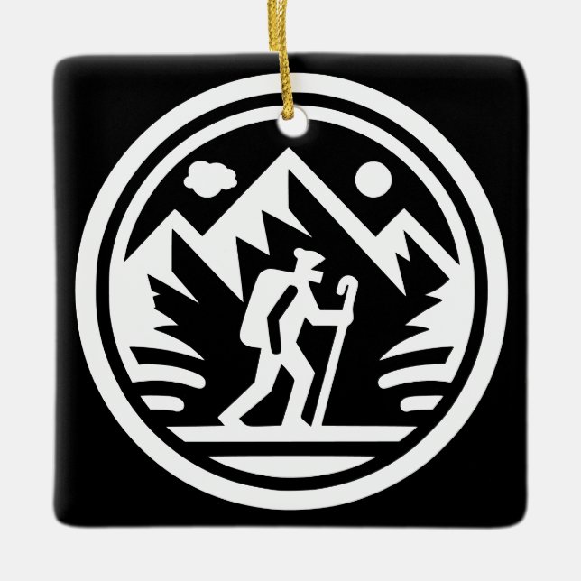 Minimalist Hiker Mountain Adventure Monochromatic Ceramic Ornament (Front)
