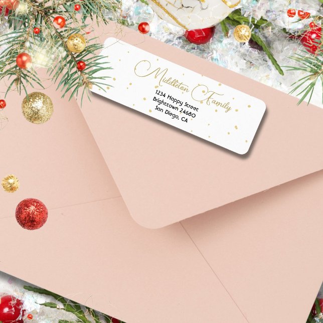 Minimalist Holiday Script Gold Confetti Address  (Creator Uploaded)