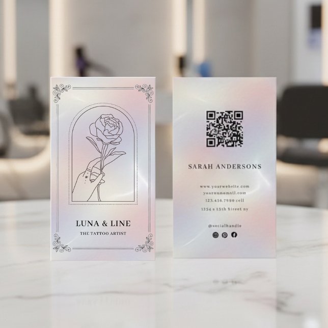 Minimalist Holographic Floral QR Code  Business Card (Creator Uploaded)