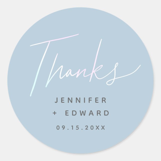Minimalist Holographic Script Thanks Wedding Classic Round Sticker (Front)